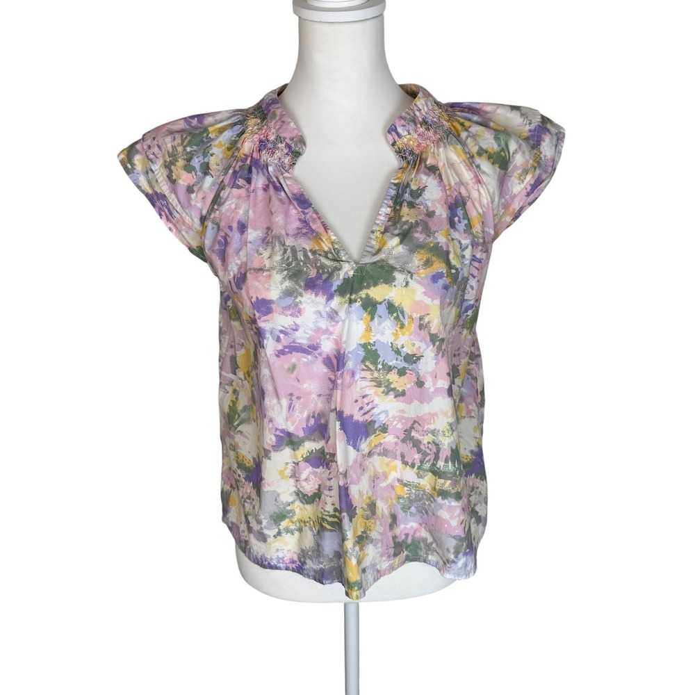 Tart Womens Cotton Abstract‎ Floral Smocked V-Neck Cap Sleeve Blouse Purple M